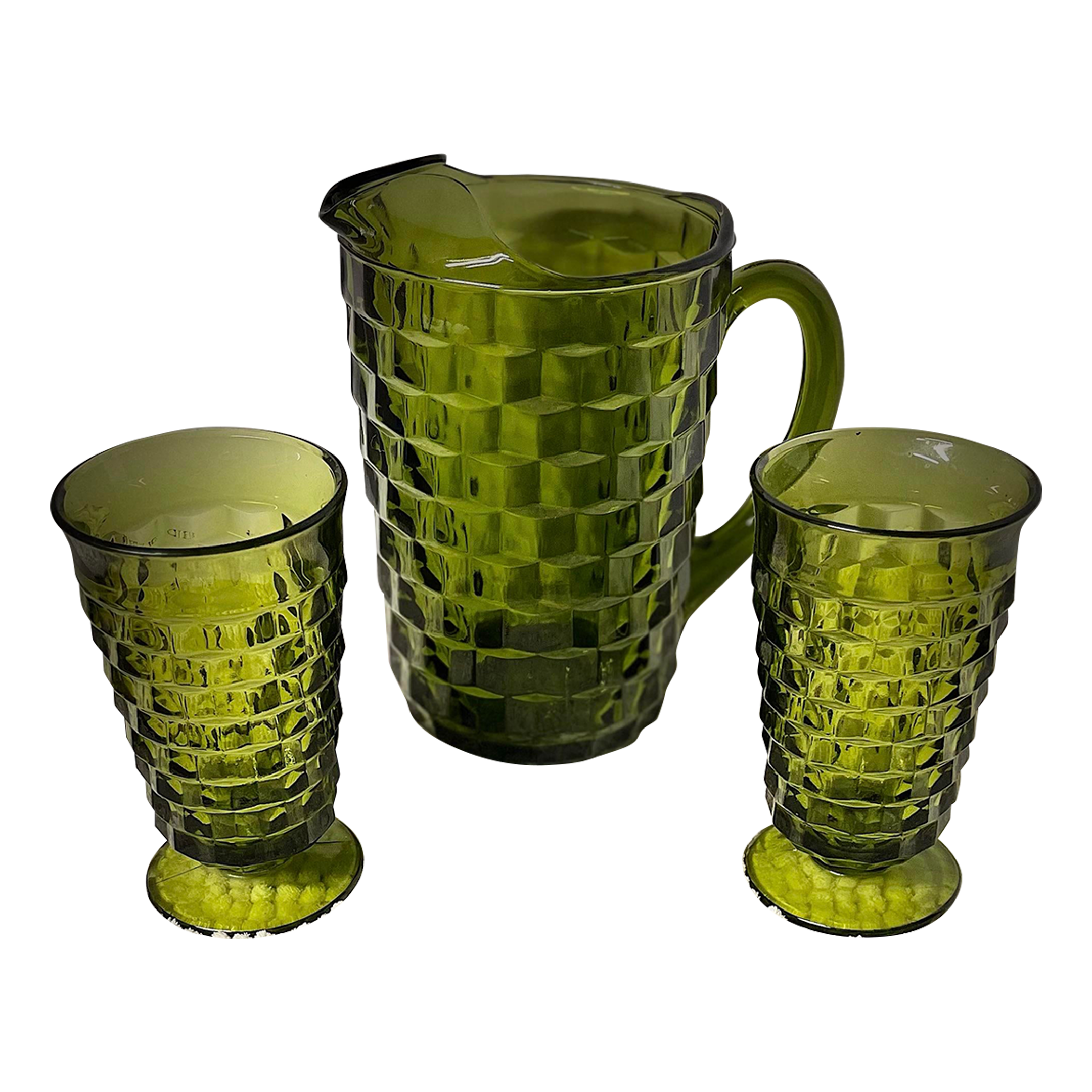 1960s Indiana Whitehall Glass Avocado Green Cubist Pattern Set Pitcher and  Two Glasses | Chairish