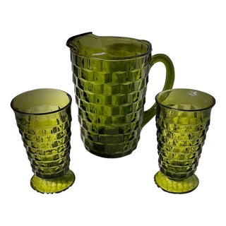 1960s Indiana Whitehall Glass Avocado Green Cubist Pattern Set Pitcher and Two Glasses For Sale