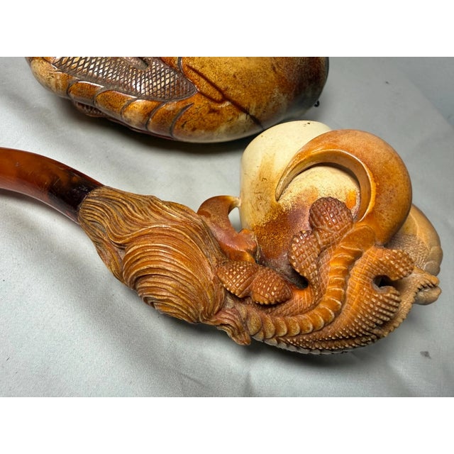 2 Large Antique 1800's Hand Carved Dragon Claw Talon Meerschaum Smoking Pipe For Sale - Image 15 of 18