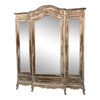 19th C. French Louis XV Distressed Oak With Mirror Armoire For Sale
