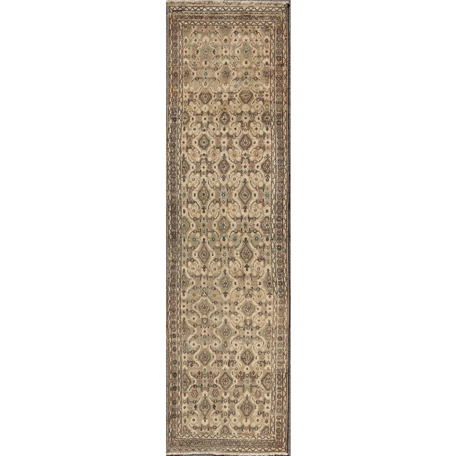 Tan Vintage Hamadan Runner in Neutral Warm Tones of Taupe, Brown, L. Brown For Sale - Image 8 of 8