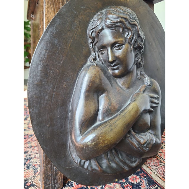 Antique Oval Bronze Bas-Relief Wall Plaque Portrait of a Nude Maiden For Sale - Image 4 of 16