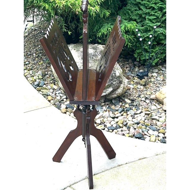 Antique Mahogany, Double-Sided, Rotating Magazine/Book/Sheet Music Carrier, With Intricately Carved Fretwork Panels, Turned Handle and a Tripod Column For Sale - Image 9 of 12