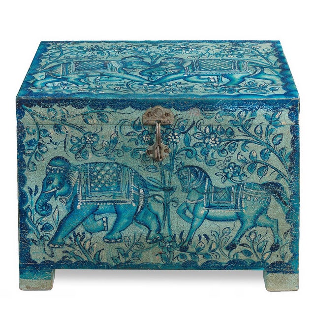 Handcrafted from reclaimed wood, this Rajasthani pitara box showcases layered blues and traditional hand-painted...