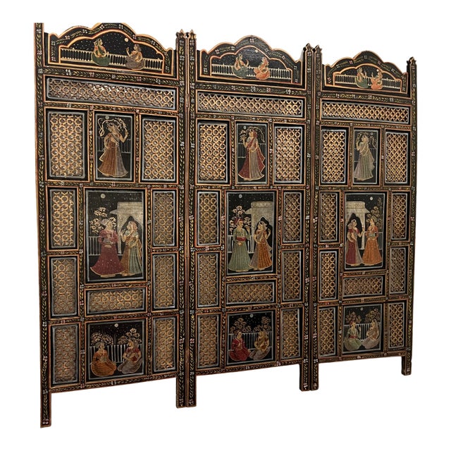 Vintage Indian Carved Turned and Painted 3 Panel Screen For Sale