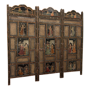 Vintage Indian Carved Turned and Painted 3 Panel Screen
