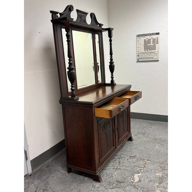 Early 20th Century Victorian Carved Mahogany Triple Mirror Sideboard, Antique For Sale - Image 5 of 12