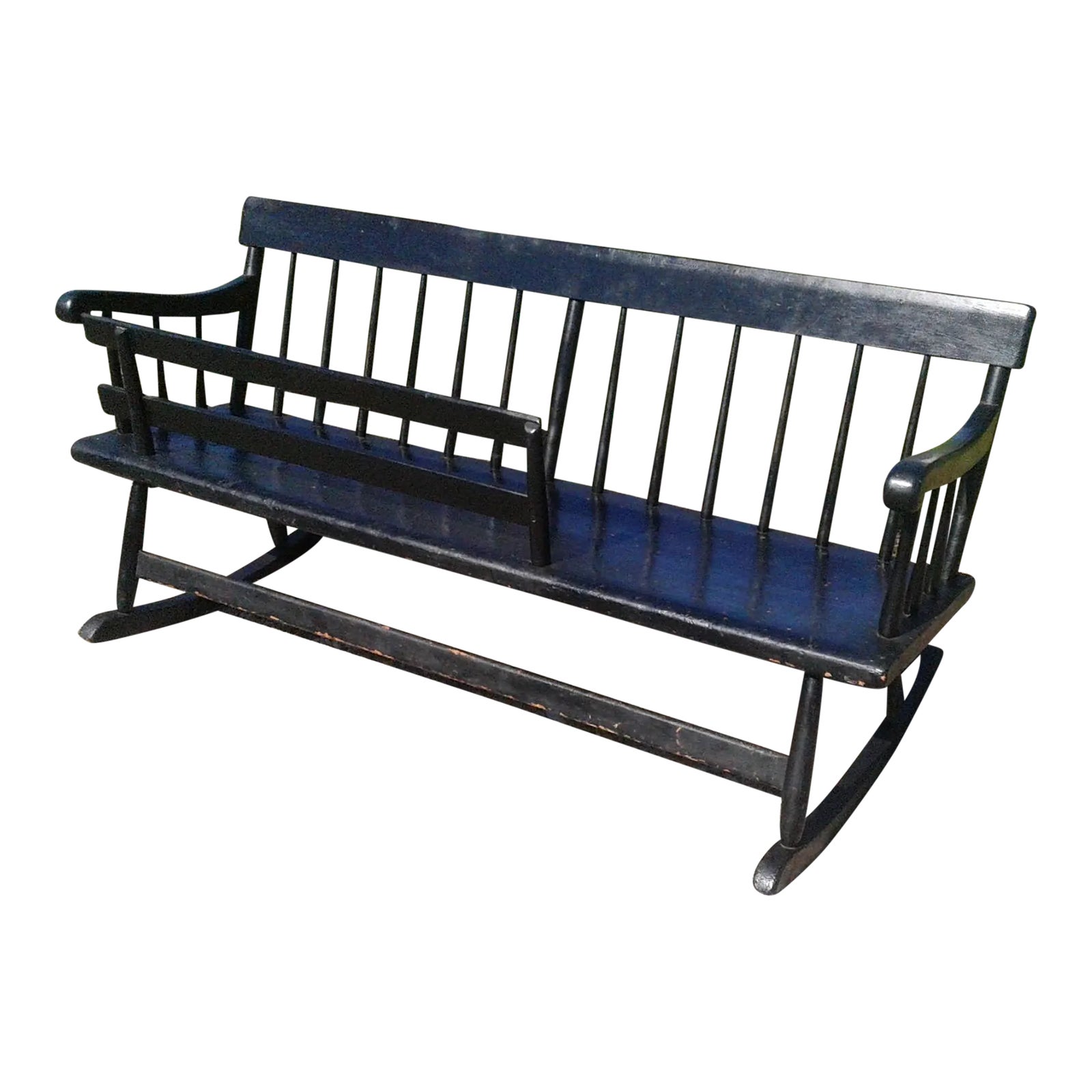 Antique American Primitive Wooden Black Rocking Bench With Plank Seat ...