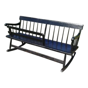 Antique American Primitive Wooden Black Rocking Bench With Plank Seat and Gate 1840