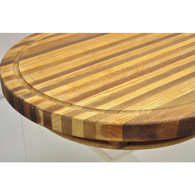 Brown Vintage Mid Century Modern Teak & Oak Wood 24" Round Spinning Charcuterie Cutting Board For Sale - Image 8 of 12