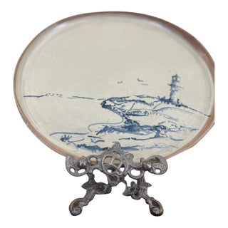 Mid 20th Century Coastal Studio Pottery Dish With Hand-Painted Lighthouse Coastal Scene. For Sale