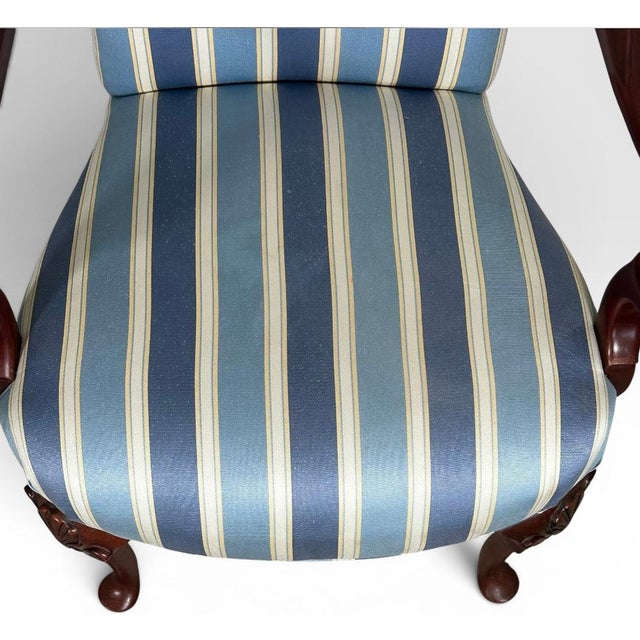 Pair of Vintage Upholstered Queen Anne Style Striped Armchairs With Shell Carving For Sale In Portland, ME - Image 6 of 17