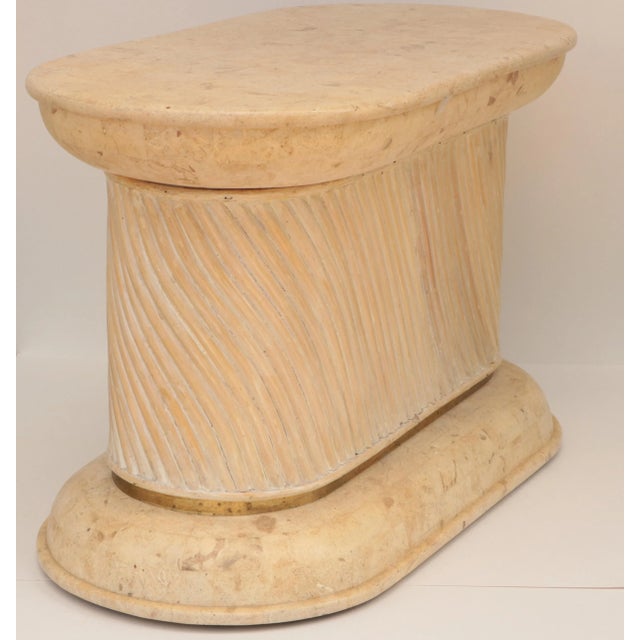 Contemporary Tessellated Fossil Stone, Split Pencil Reed, and Brass Accent Table For Sale - Image 3 of 9