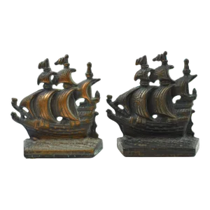 Mid 20th Century Heavy Solid Cast Metal With Bronze Finished Sailing Ship Bookends - a Pair