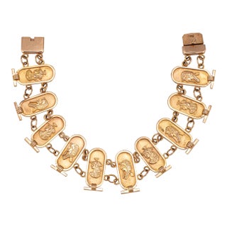 Egyptian Cartouche Bracelet Vintage 14k Yellow Gold Nefertiti & Tutankhamun For Sale