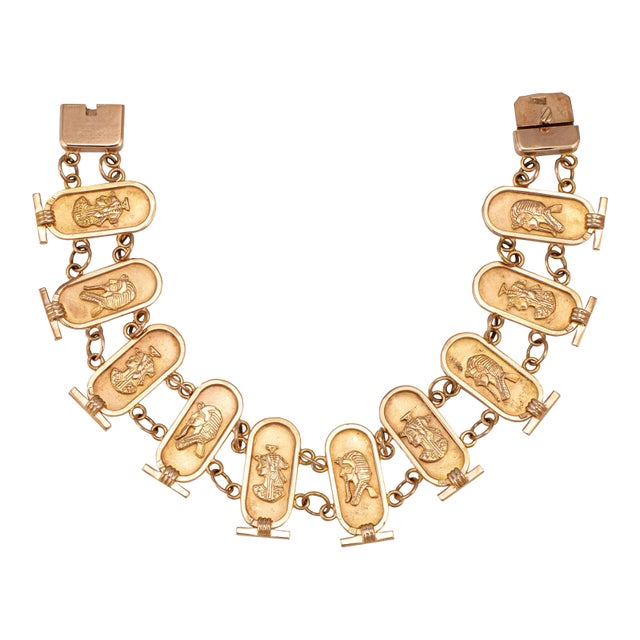 Egyptian Cartouche Bracelet Vintage 14k Yellow Gold Nefertiti & Tutankhamun For Sale