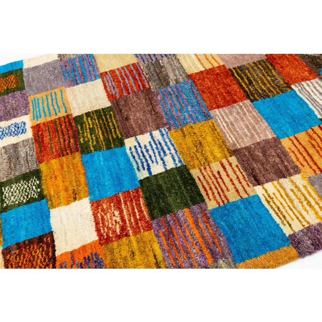 Blue Modern Abstract Baluch Style Wool Rug - Vibrantly Colored Patchwork Checkerboard For Sale - Image 8 of 11