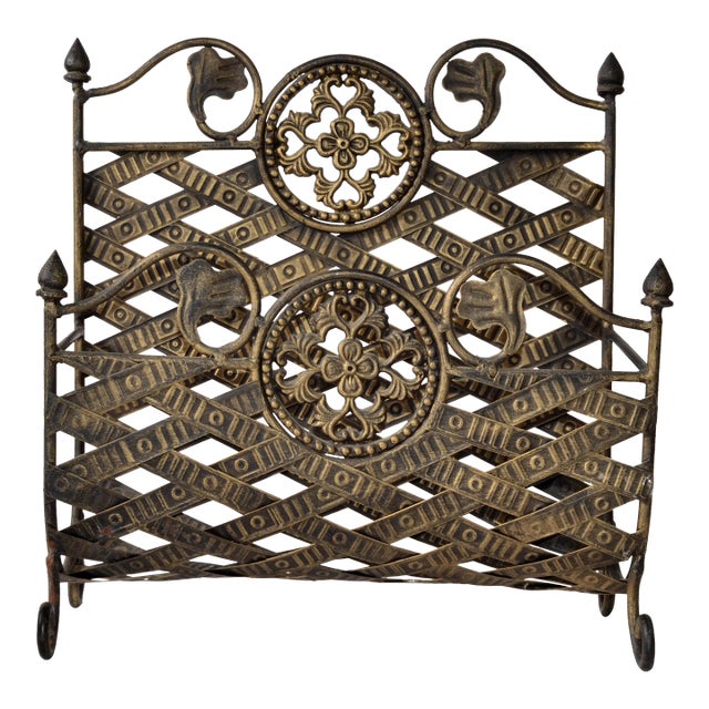 Vintage Wrought Iron Magazine Rack with Black & Bronze