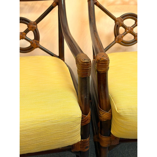 Vintage McGuire Inspired Target Back Style Bamboo and Rawhide Wrapped Arm Chairs With Cushions- Set of 4 For Sale - Image 13 of 18
