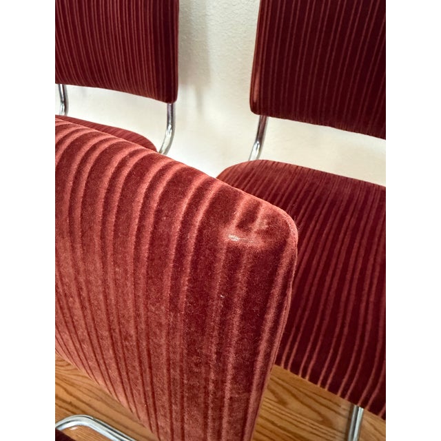 Metal Vintage Burgundy Ribbed Velvet Chrome Cantilever Dining Chairs, Set of 4 For Sale - Image 7 of 9