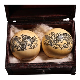 Carved Dragon and Phoenix Baoding Balls With Wooden Box For Sale