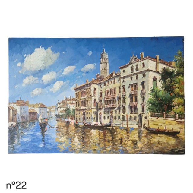 Oil on canvas depicting a lively Venetian canal scene with gondolas gliding along reflective waters, set before elegant...