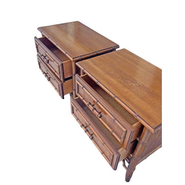 1970s Vintage Faux Bamboo Aloha Nightstands or End Side Tables by Thomasville, A Pair For Sale - Image 5 of 11