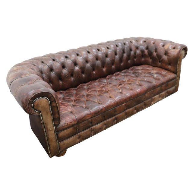 English 1950s Vintage Mid-Century Aged Brown Tufted Leather Chesterfield Sofa With Great Patina! For Sale - Image 3 of 11