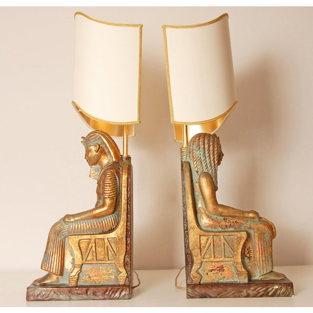 Capodimonte Vintage Italian Lamps Ceramic Figural Table Lamps King Tut and Cleopatra - A Pair For Sale - Image 4 of 13