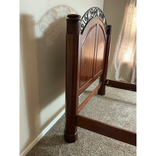 1990s Queen Bed Frame – Solid Wood & Wrought Iron Scroll, Carved Posts For Sale In Raleigh - Image 6 of 8