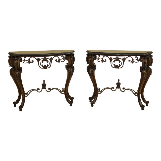 Pair French Marble Top Walnut Finish Iron Console Hall Tables