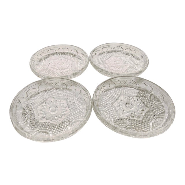 Vintage French Clear Press Cut Glass Coasters S/4 For Sale