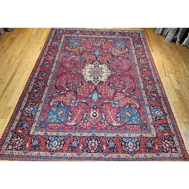 Vintage Persian Tabriz Rug, Handwoven Garden Floral Pattern, Crimson & Turquoise, 11’ X 15’ For Sale - Image 12 of 12