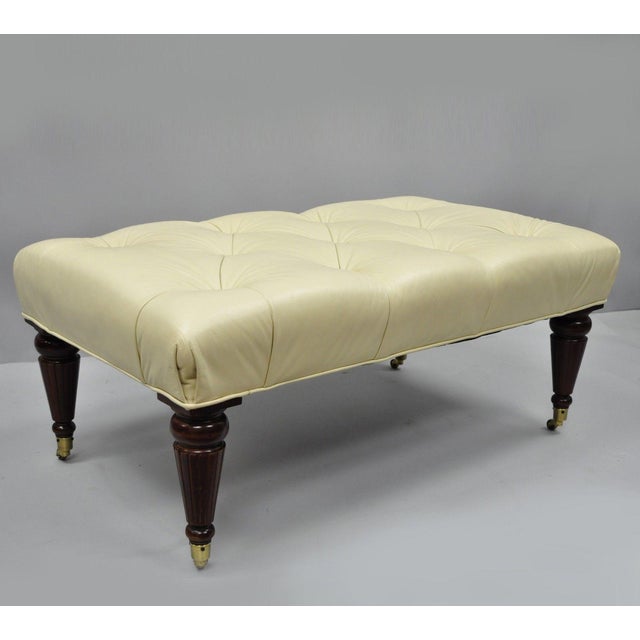 Early 21st Century Ethan Allen Chesterfield Ivory Tufted Leather Cherry Legs With Casters Ottoman Bench Chairish