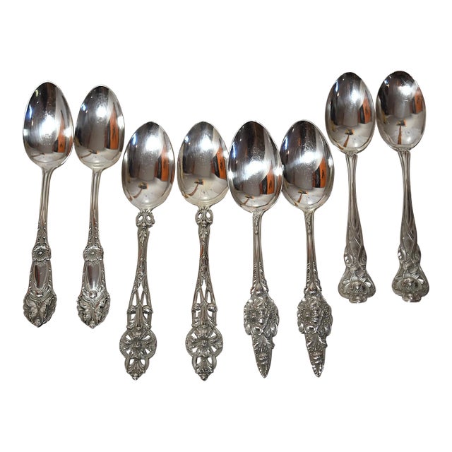 Antique Collection of 8 Floral Sterling Silver Teaspoons Tea Party For Sale