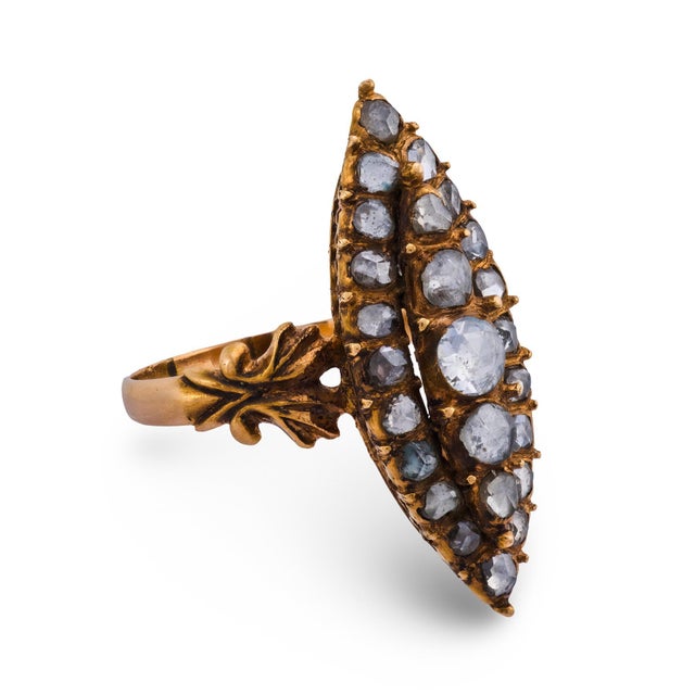 Late 19th Century Late 19th Century Victorian 1.60 Carat Rose Cut Diamond 14k Rose Gold Navette Ring, Size 9 For Sale - Image 5 of 8