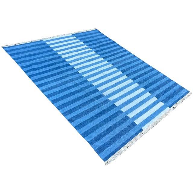 Handmade Cotton Area Rug, Natural Vegetable Dyed, Indigo Blue Striped Rug - 6'x9' For Sale - Image 12 of 13