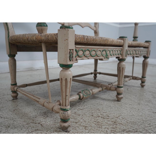 Country French Paint Decorated Rush Seat Settee For Sale - Image 11 of 12