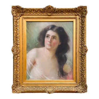 19th Century Pastel Partial Nude Portrait of a Woman in Gilt Wood Frame For Sale