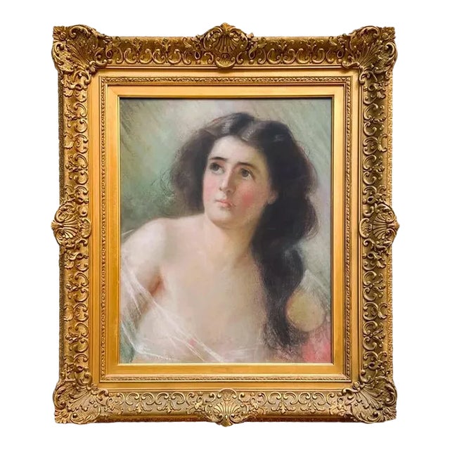19th Century Pastel Partial Nude Portrait of a Woman in Gilt Wood Frame For Sale
