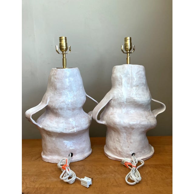 White Vintage Biomorphic Slab Built Ceramic Lamps - A Pair For Sale - Image 8 of 12