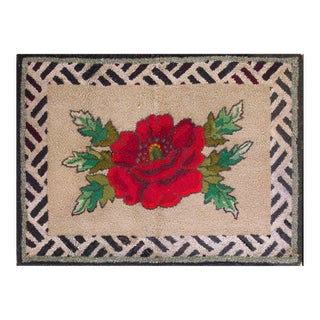 Appreciable Tan Beige Color and Gray Border With Unique Red Flower Design Antique American Hooked Rug For Sale