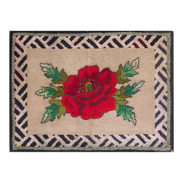Appreciable Tan Beige Color and Gray Border With Unique Red Flower Design Antique American Hooked Rug For Sale