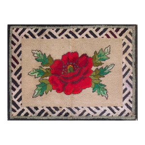 Appreciable Tan Beige Color and Gray Border With Unique Red Flower Design Antique American Hooked Rug