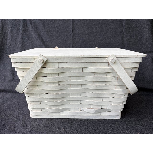 Charming white painted splint wood top lidded picnic basket. Two large side handles, hinged top lid. Nice condition, wear...