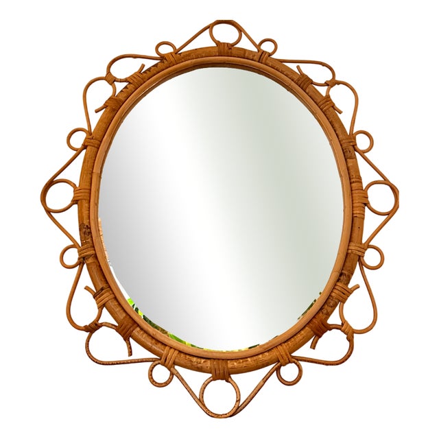 French Circular Rattan Sunburst Mirror with Ties, 1950s For Sale