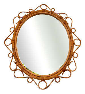 French Circular Rattan Sunburst Mirror with Ties, 1950s