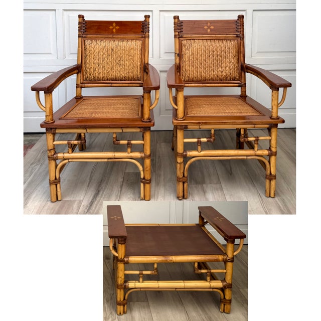 Vintage Bamboo, Rattan & Wood Lounge Chairs With Ottoman, Set of 3 For Sale - Image 18 of 18
