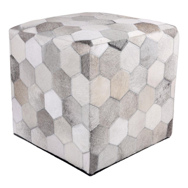 Handmade Hexagon Patchwork Cowhide Leather Ottoman Pouf 18x18x18 in Neutral For Sale