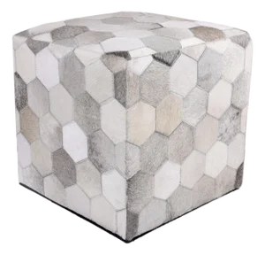 Handmade Hexagon Patchwork Cowhide Leather Ottoman Pouf 18x18x18 in Neutral